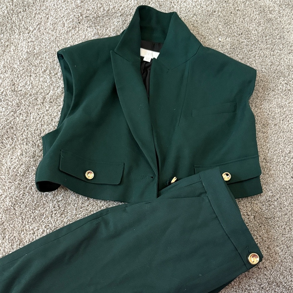 Dark Green Cropped Blazer and Pants Set